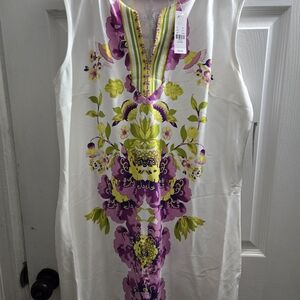 New York & Company White Dress with Purple and Green Floral Design